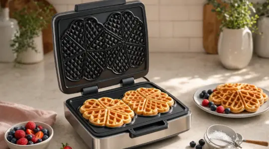 Ein Edelstahl-Waffeleisen mit frisch gebackenen Herzwaffeln auf einer Küchenarbeitsplatte