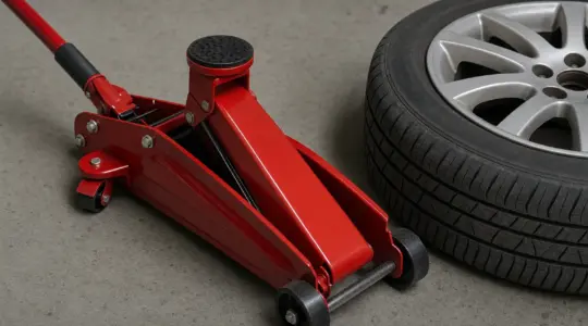 Ein roter hydraulischer Wagenheber steht neben einem Autoreifen in einer Garage