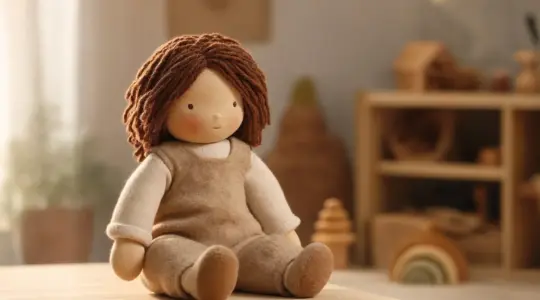 Waldorfpuppe aus Naturmaterialien mit schlichtem Gesicht und gestricktem Wollhaar im Kinderzimmer