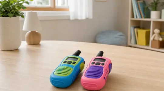 Zwei bunte kindgerechte Walkie-Talkies auf einem hellen Holztisch