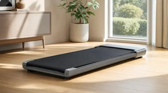 Ein flaches Walking Pad Laufband in einem hellen Wohnraum