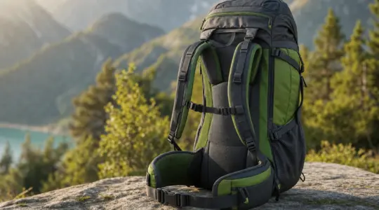 Ein ergonomischer Wanderrucksack mit gepolstertem Tragesystem und mehreren Fächern steht auf einem Felsen vor Bergkulisse