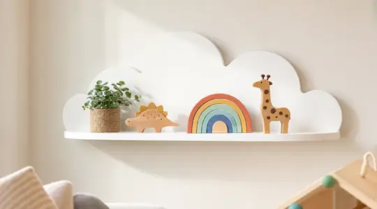 Ein weißes Wandregal in Wolkenform an einer Kinderzimmerwand mit Spielzeugfiguren