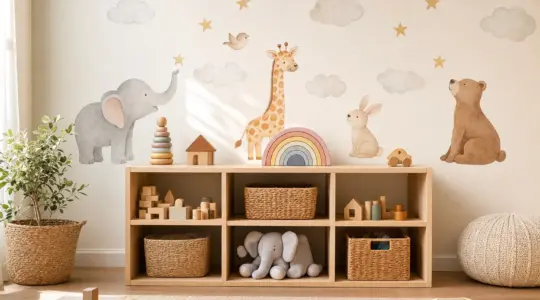 Eine Kinderzimmerwand ist mit fröhlichen Wandstickern in Form von Tieren, Sternen und Wolken dekoriert