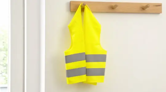 Eine leuchtend gelbe Warnweste mit Reflektorstreifen für Kinder an einem Haken