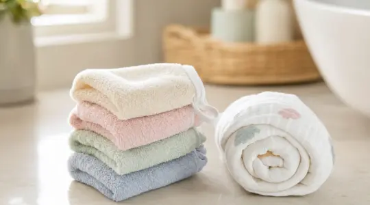 Mehrere weiche Waschhandschuhe für Babys liegen ordentlich gestapelt auf einer hellen Fläche