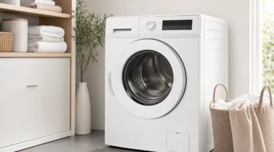 Eine weiße Frontlader-Waschmaschine steht in einem Hauswirtschaftsraum