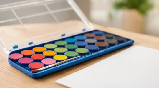 Geöffneter Kinder-Tuschkasten mit bunten Wasserfarbnäpfen in Regenbogenfarben und einem Pinsel auf einem hellen Holztisch