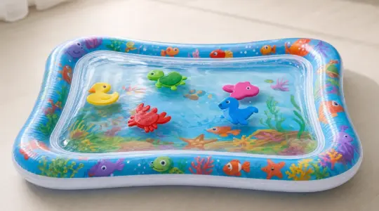 Eine bunte, mit Wasser gefüllte Spielmatte mit schwimmenden Figuren liegt auf einer hellen Fläche bereit