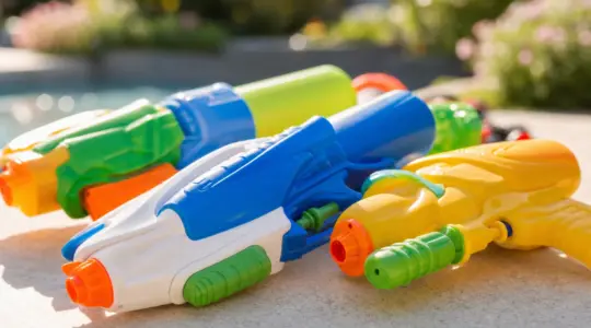 Mehrere bunte Wasserpistolen für Kinder in fröhlichen Farben lose nebeneinander auf einer hellen Fläche im sonnigen Garten