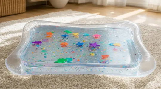 Eine aufblasbare durchsichtige Wasserspielmatte mit schwimmenden Figuren auf einem Teppich
