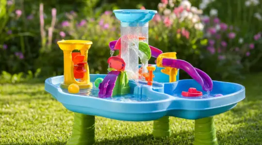 Ein bunter Wasserspieltisch für Kinder aus Kunststoff mit kleinen Becken, Rutschen und Wasserspielelementen auf einem Rasen in einem sonnigen Garten