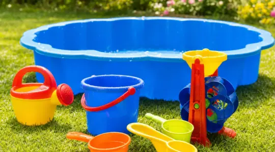 Buntes Wasserspielzeug für Kinder mit Gießkanne, Eimer und Wasserrad liegt an einem sonnigen Planschbecken im Garten