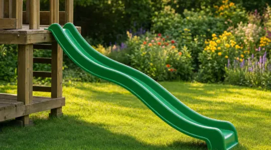 Eine grüne gewellte Kunststoffrutsche führt von einer kleinen Plattform geschwungen hinunter auf eine sonnige Gartenwiese