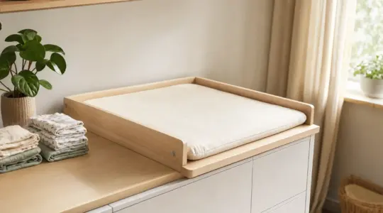 Ein Wickelaufsatz aus Holz mit Auflage auf einer hellen Kommode in einem Babyzimmer