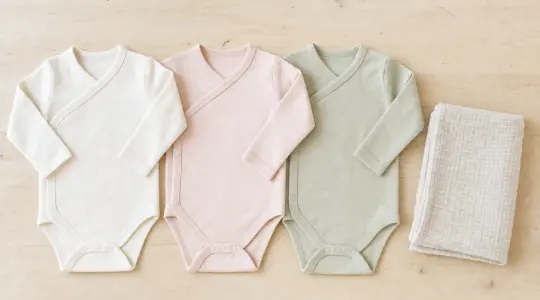 Mehrere pastellfarbene Baby-Wickelbodys aus Baumwolle liegen ausgebreitet nebeneinander
