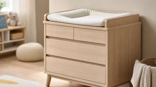 Helle Holz-Wickelkommode mit Schubladen und aufgesetztem Wickelaufsatz mit weicher Wickelauflage an einer Wand im Kinderzimmer
