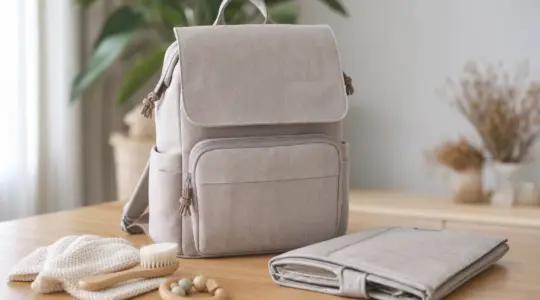 Ein eleganter Wickelrucksack aus Stoff in dezenter Farbe aufrecht stehend neben einer zusammengelegten Wickelunterlage und neutralen Babyutensilien auf einem hellen Holztisch