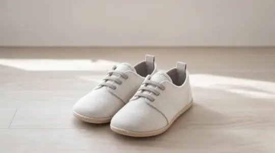Ein Paar leichte, flexible Barfußschuhe für Kinder steht auf einem hellen Holzboden bereit