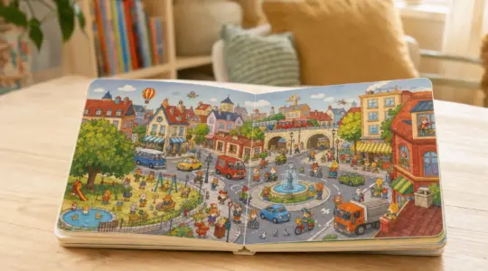 Ein aufgeschlagenes, detailreich illustriertes Wimmelbuch mit vielen kleinen bunten Szenen liegt auf einem hellen Tisch