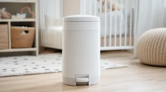 Moderner geruchsdichter Windeleimer aus weißem Kunststoff mit Deckel und Trittpedal auf einem hellen Holzboden im Kinderzimmer