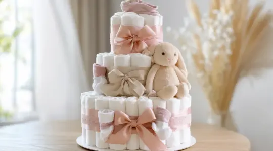 Eine hübsch dekorierte mehrstöckige Windeltorte aus gerollten weißen Windeln, geschmückt mit zarten Schleifen, kleinen Söckchen und einem Plüschtier auf einem hellen Holztisch
