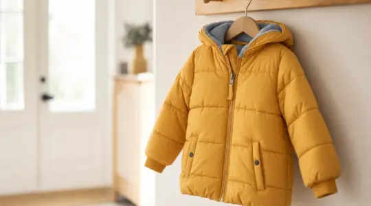 Warm gefütterte Kinder-Winterjacke mit Kapuze und Reißverschluss in freundlicher Farbe auf einem Holzbügel