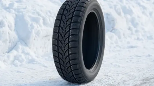 Ein Winterreifen mit grobem Profil steht aufrecht auf einer verschneiten Fläche