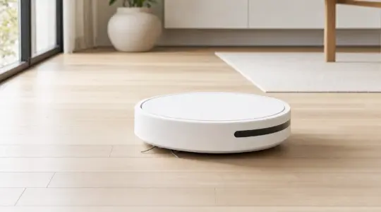 Ein runder weißer Wischroboter auf einem hellen Holzfußboden in einem Wohnraum
