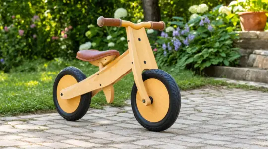Ein hölzernes Laufrad für Kinder steht startbereit auf einem Weg im Freien