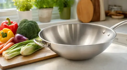 Eine große Wok-Pfanne aus Edelstahl mit frischem Gemüse auf einer Küchenarbeitsplatte