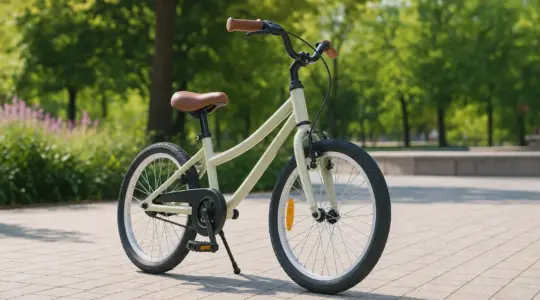 Ein leichtes Kinderfahrrad in dezenter Farbe steht auf einem hellen Weg im Freien bei Sonnenschein
