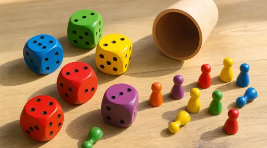 Bunte große Kinder-Spielwürfel aus Holz mit Würfelbecher und farbigen Spielsteinen
