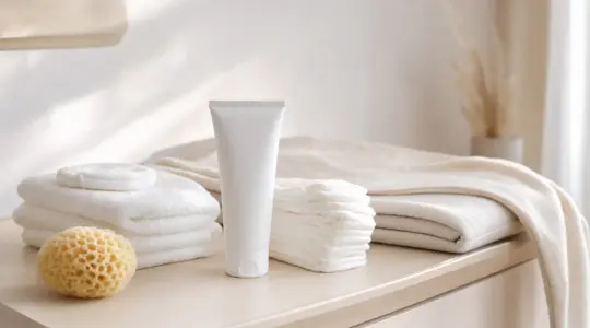 Eine Tube Wundschutzcreme steht zusammen mit Wickelutensilien ordentlich auf einem hellen Wickeltisch