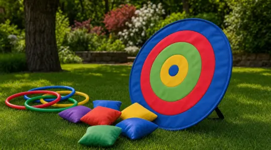 Ein Wurfspiel mit Zielscheibe und Wurfsäckchen liegt auf einer Wiese bereit