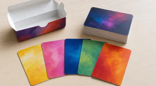 Mehrere Sammelkarten und ein Deck liegen ordentlich auf einer hellen Fläche bereit