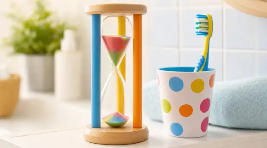 Eine kindgerechte Sanduhr als Zahnputzuhr in fröhlicher Farbe steht neben einem Zahnputzbecher auf einem hellen Badezimmerregal