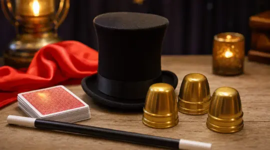 Ein Zauberkasten für Kinder mit Zauberstab, Zylinder, Spielkarten und weiterem Zubehör ausgebreitet auf einem hellen Tisch