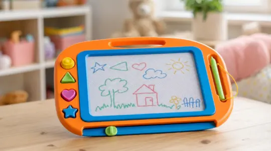 Bunte magnetische Kinder-Zaubertafel zum Zeichnen mit befestigtem Stift und einfachen Kritzeleien auf einem hellen Holztisch