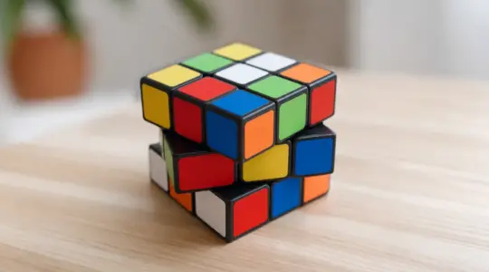 Ein klassischer bunter Drehwürfel (3x3) mit Feldern in Rot, Blau, Grün, Gelb, Orange und Weiß, leicht verdreht, auf einem hellen Holztisch